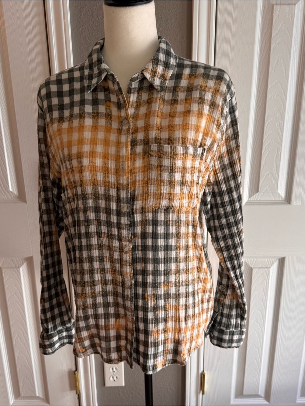 Womens Plaid Button-Down Shirt - Mustard & Gray